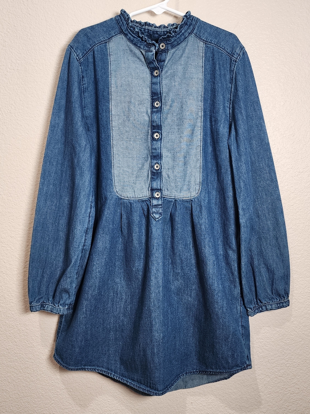GAP Girls Fall Autumn Denim Bib Tunic Dress Cottage Core Long Sleeve Blue Button